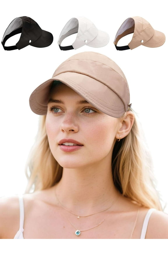 Sun Hats for Women Wide Brim UV Protection Hollow Top Sun Visor Hat Summer Beach Packable Cap (Khaki)