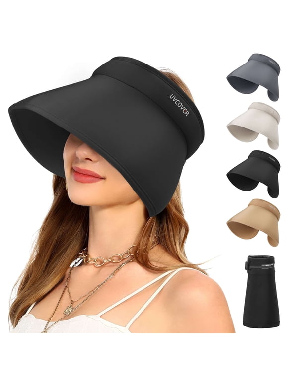 Sun Visor Hats for Women Wide Brim Roll-Up Ponytail Summer Beach Hat UV Protection Packable Foldable Travel (Beige)
