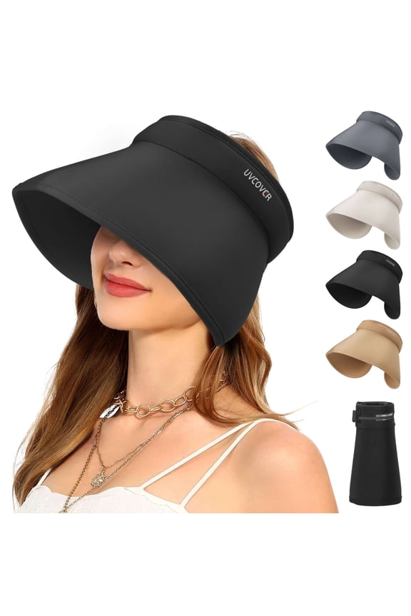 Sun Visor Hats for Women Wide Brim Roll-Up Ponytail Summer Beach Hat UV Protection Packable Foldable Travel (Khaki)