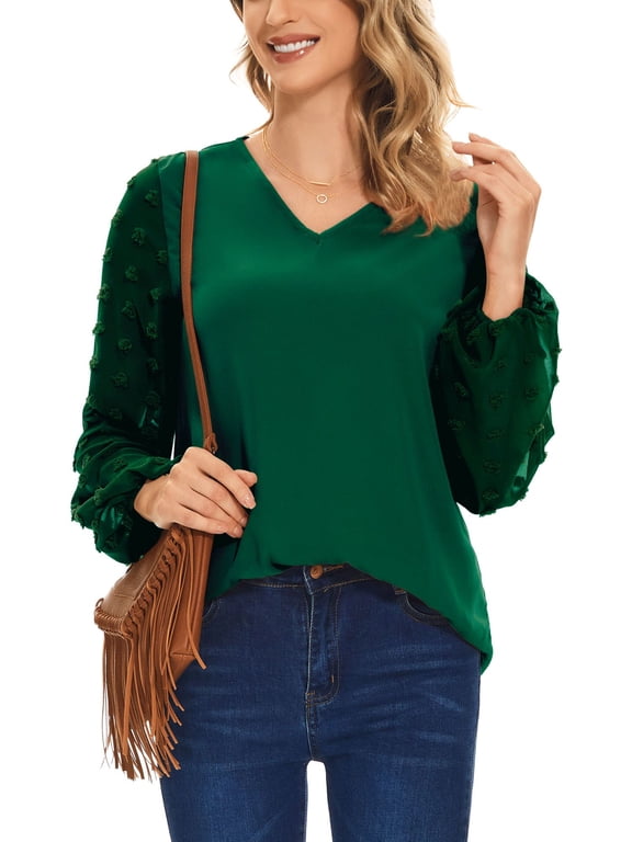 Swiss Dot Tops for Women Lantern Sleeve V Neck Chiffon Blouses Casual Work Shirts (Green, L)