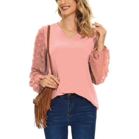Deago Swiss Dot Tops for Women Lantern Sleeve V Neck Chiffon Blouses Casual Work Shirts (Pink, L)