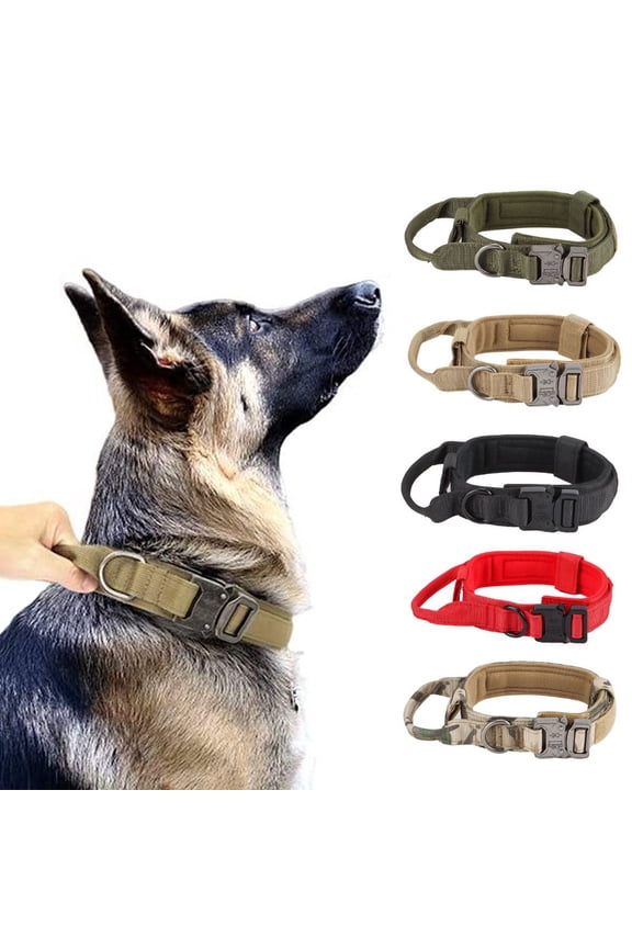 Tactical Dog Collar Military Dog Collar Adjustable Nylon Dog Collar Heavy Duty Metal Buckle with Handle for Dog Training (Khaki, L)