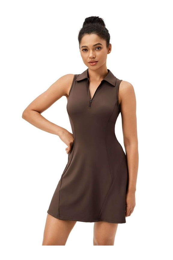Tennis Dress for Women Athletic Dress Zip Up Polo Sleeveless Golf Workout Exercise Dresses (Brown, 2XL)