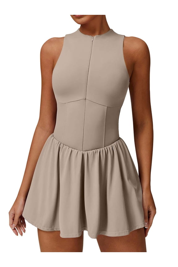 Tennis Dress for Women Sleeveless Golf Dresses with Built-in Bra Shorts and Pockets Slim Fit Zip Up High Neck Golf Outfits (Khaki, M)