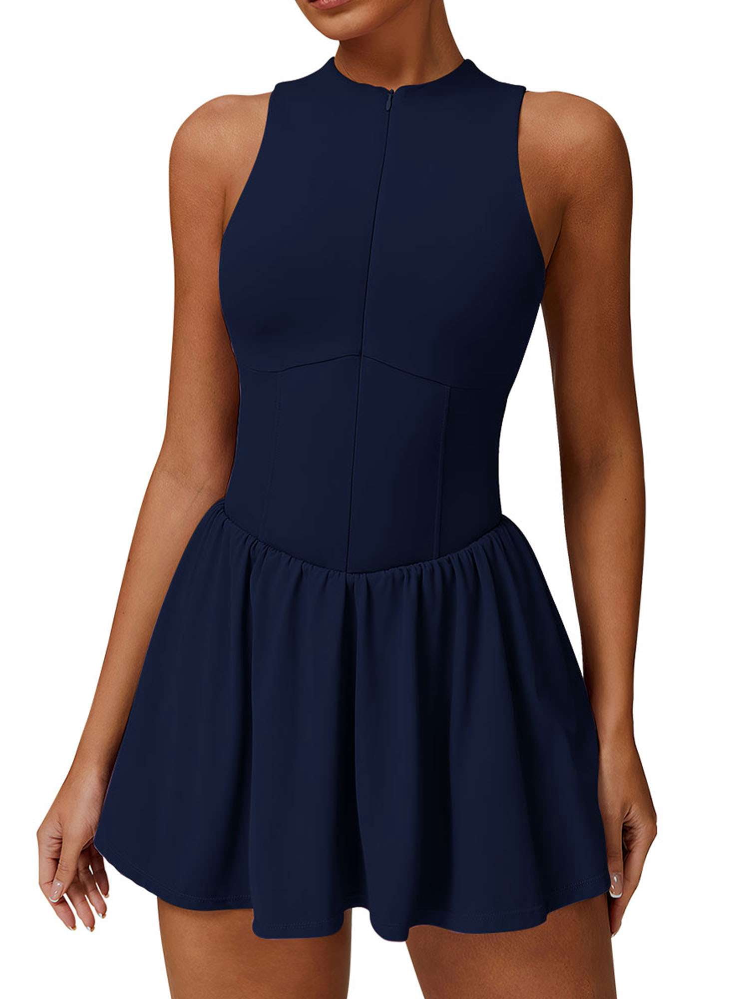 Deago Tennis Dress for Women Sleeveless Golf Dresses with Built-in Bra Shorts and Pockets Slim Fit Zip Up High Neck Golf Outfits (Navy, S)