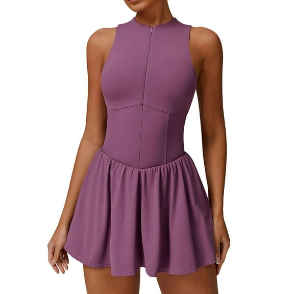 Deago Tennis Dress for Women Sleeveless Golf Dresses with Built-in Bra Shorts and Pockets Slim Fit Zip Up High Neck Golf Outfits (Purple, L)
