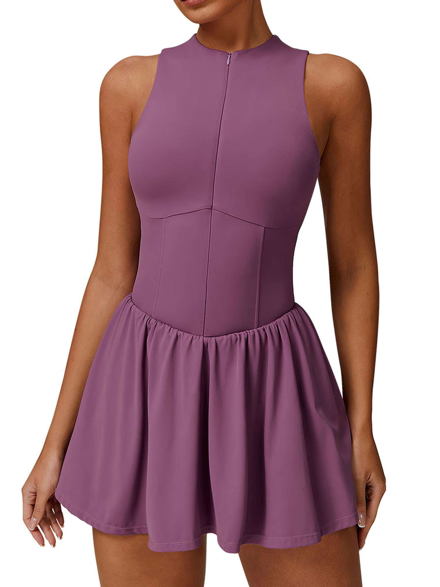 Deago Tennis Dress for Women Sleeveless Golf Dresses with Built-in Bra Shorts and Pockets Slim Fit Zip Up High Neck Golf Outfits (Purple, S)