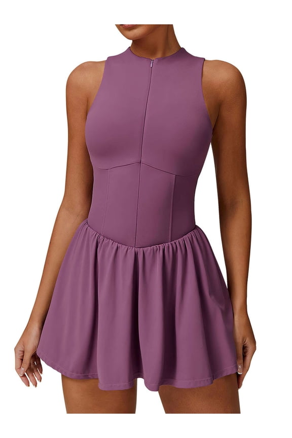 Tennis Dress for Women Sleeveless Golf Dresses with Built-in Bra Shorts and Pockets Slim Fit Zip Up High Neck Golf Outfits (Purple, S)