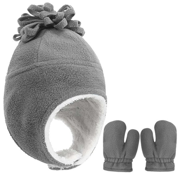 Deago Toddler Baby Winter Hat Mitten Set Kids Boys Girls Gloves Warm Earflap Fleece Sherpa Lined (Gray)