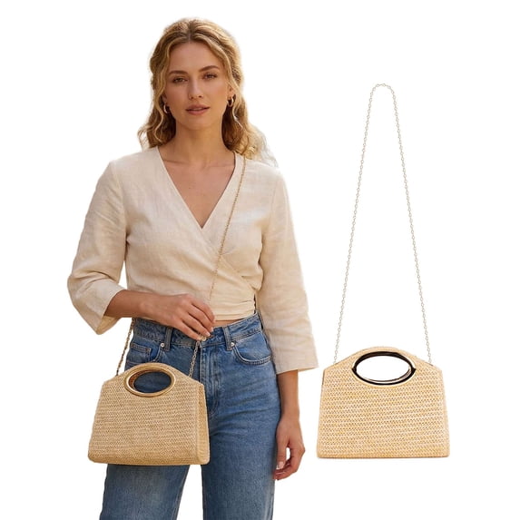 Deago Top Handle Straw Clutch Purses for Women Raffia Summer Woven Boho Beach Bags Evening Handbag Shoulder Crossbody Bag with Gold Chain