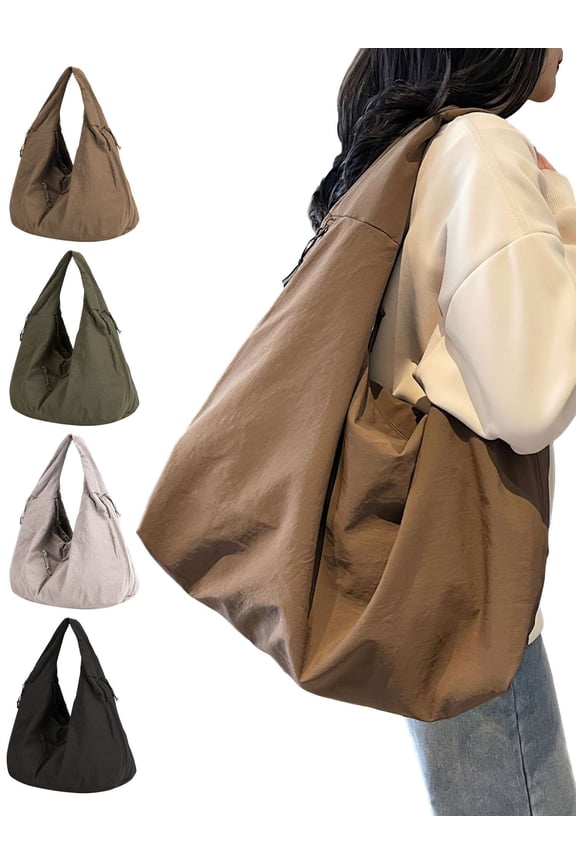 Tote Bag for Women Large Nylon Slouchy Hobo Bag Crescent Shoulder Bag Vintage Casual Travel Gym Shopper Pleated Handbag (Beige)