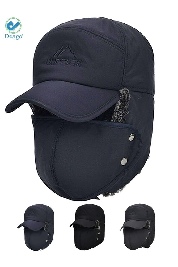 Trooper Trapper Hat Winter Windproof Ski Hat with Ear Flaps and Mask Warm Hunting Hats for Men Women (Navy Blue)