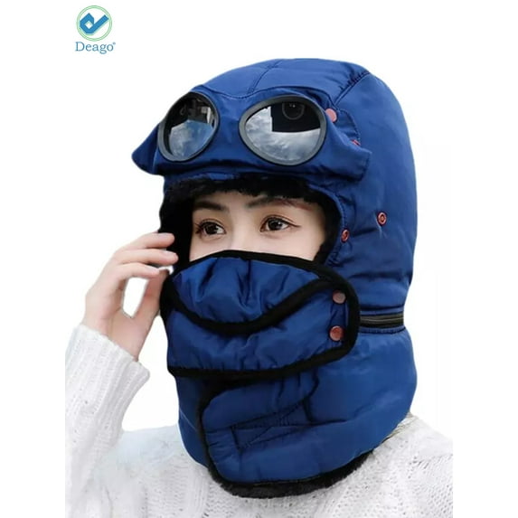 Deago Trooper Trapper Hat Winter Windproof Ski Hat with Glasses and Mask Warm Hunting Hats for Men Women (Navy Blue)