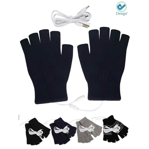 Deago USB Heated Gloves for Women & Men, Mitten Winter Warm Laptop Gloves, Half Hands Heated Fingerless Heating Knitting Hands Warmer Washable Design (Black)