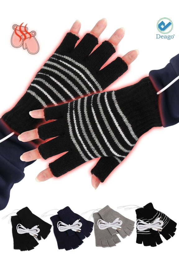 USB Heated Gloves for Women & Men, Mitten Winter Warm Laptop Gloves, Half Hands Heated Fingerless Heating Knitting Hands Warmer Washable Design (Black+White)