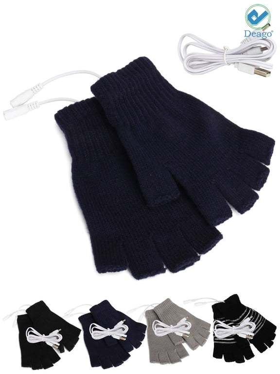 USB Heated Gloves for Women & Men, Mitten Winter Warm Laptop Gloves, Half Hands Heated Fingerless Heating Knitting Hands Warmer Washable Design (Blue)
