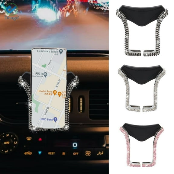 Deago Universal Car Phone Holder with Bing Crystal Rhinestone Car Air Vent Mount Clip Cell Phone Holder for iPhone Samsung Car Holder (White)