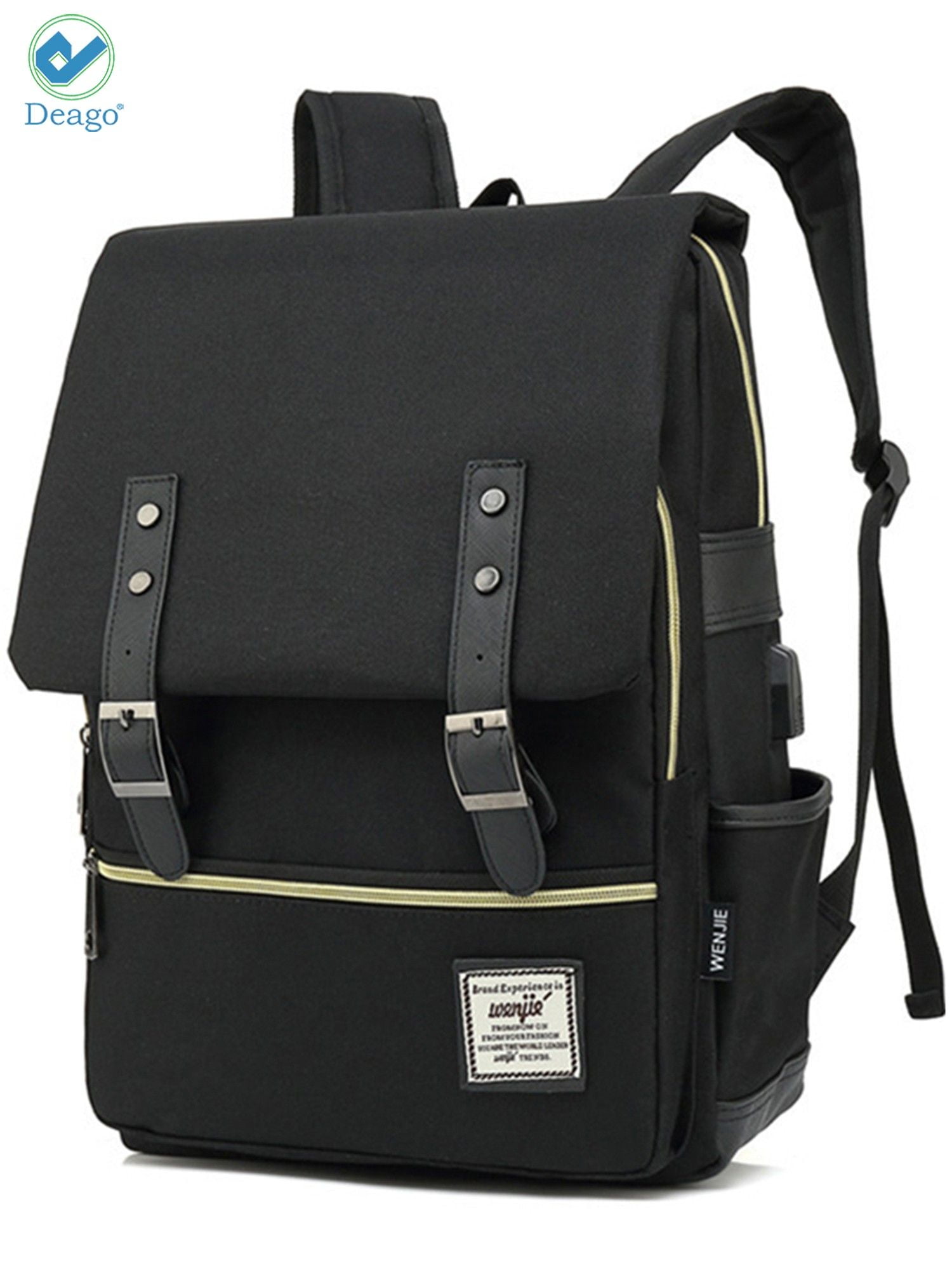 Deago Vintage Laptop Backpack For Women Men Travel Backpack with USB Charging Port Fashion Rucksack Fits 15.6" Notebook (Black)