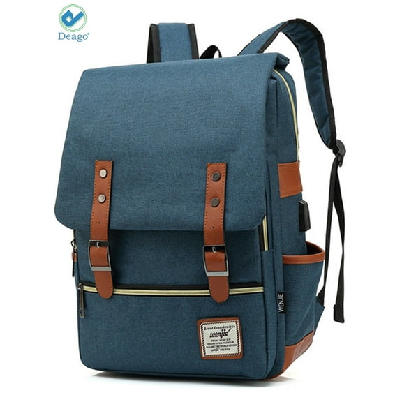 Deago Vintage Laptop Backpack For Women Men Travel Backpack with USB Charging Port Fashion Rucksack Fits 15.6" Notebook (Blue)