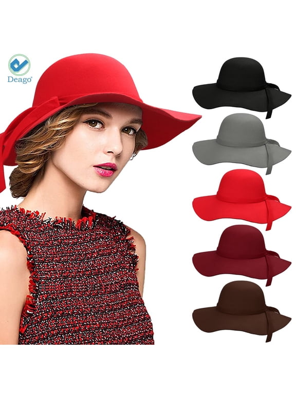 Vintage Women's Foldable Wide Brim Felt Bowler Fedora Floopy Wool Hat (Red)