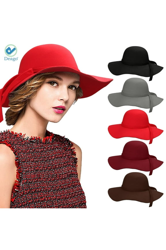 Vintage Women's Foldable Wide Brim Felt Bowler Fedora Floopy Wool Hat (Red)