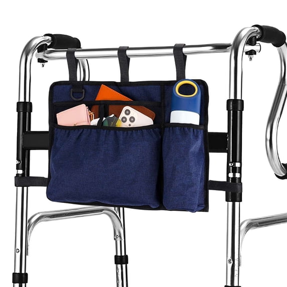Deago Walker Bag Basket with Cup Holder Large Capacity Folding Walkers Rollator Organizer Carry Storage Pouch Water-Resistant Armrest Accessories for Seniors Elderly Handicap, Navy Blue