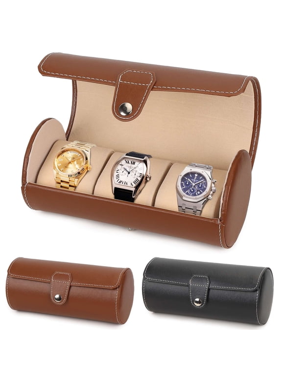 Watch Roll Display Box Leather Travel Case Organizer Wrist Watches 3-Slot Storage Pouch (Black)
