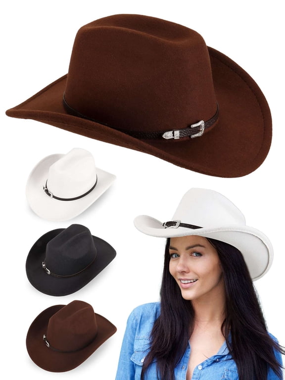 Western Cowboy Hat for Men Women Classic Roll Up Fedora Hat Cowgirl Cap with Buckle Belt (White)