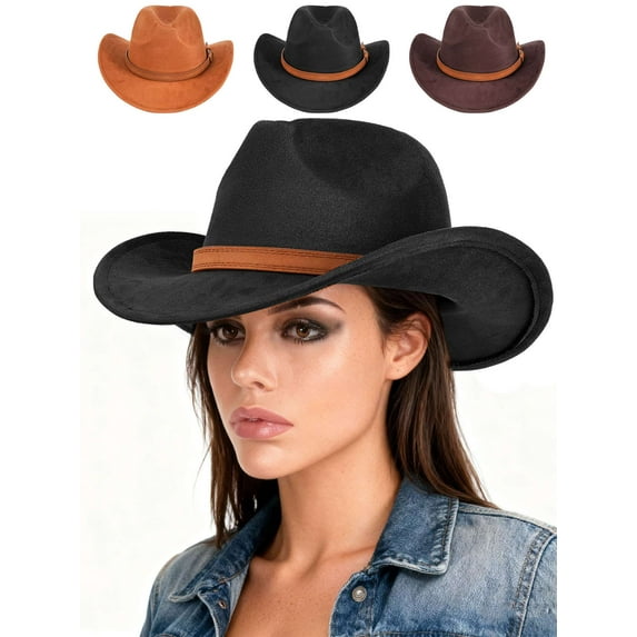 Deago Western Suede Cowboy Hat for Men Women Classic Roll Up Fedora Hat Cowgirl Cap with Buckle Belt (Black)
