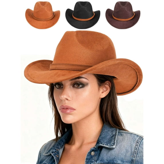 Deago Western Suede Cowboy Hat for Men Women Classic Roll Up Fedora Hat Cowgirl Cap with Buckle Belt (Khaki)