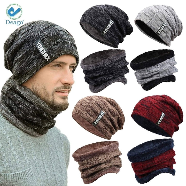 Unisex Khaki+grey Knit Fleece-Lined Ski Cap & Neck Gaiter Set Morttic Mens Winter Beanie Hat Scarf Set Warm Fleece Lined  main image 4