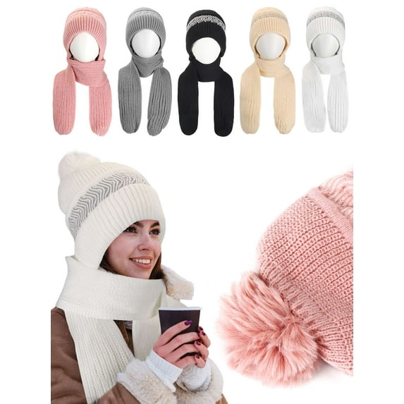 Deago Winter Beanie Hat Scarf Set for Women Knitted Fleece Lined Warm Pompom Hat Neck Warmer Scarf Combo 2 in 1 Soft Windproof Ear Protection Skull Cap Beanie - Beige