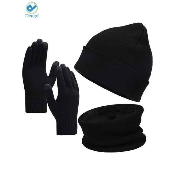 Deago Winter Beanie Hat Scarf Touchscreen Gloves Set for Men and Women, Beanie Gloves Neck Warmer Set with Warm Knit Fleece Lined (Black)