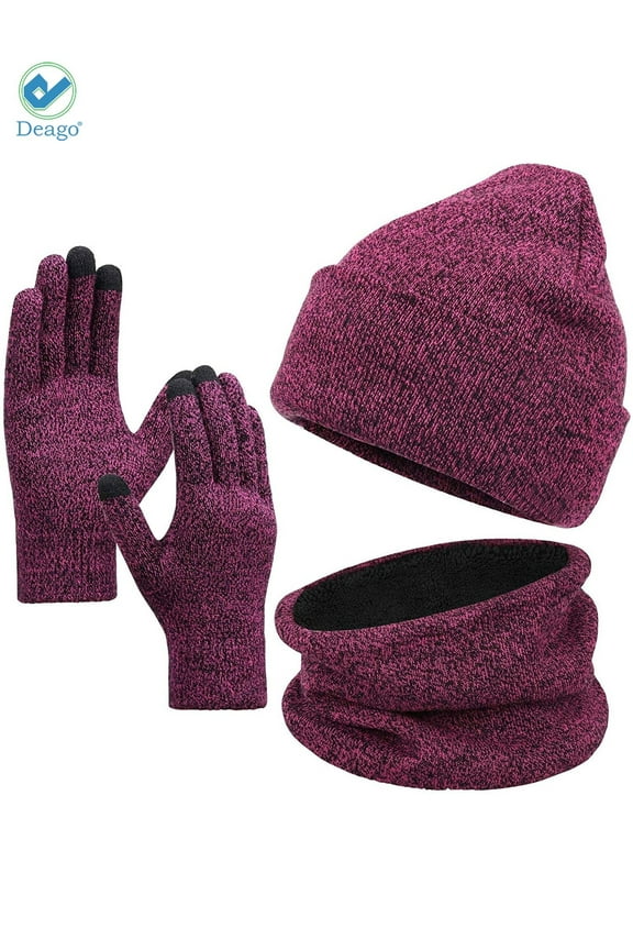 Winter Beanie Hat Scarf Touchscreen Gloves Set for Men and Women, Beanie Gloves Neck Warmer Set with Warm Knit Fleece Lined (Rose Red)