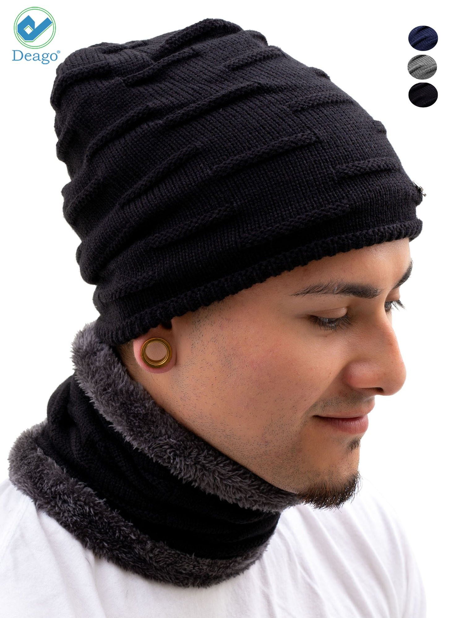 Men Winter Beanie Hats Scarf Set Warm Knit Hats Skull Cap Neck Warmer with  Thick Fleece Lined Winter Hat & Scarf for Women-Blue