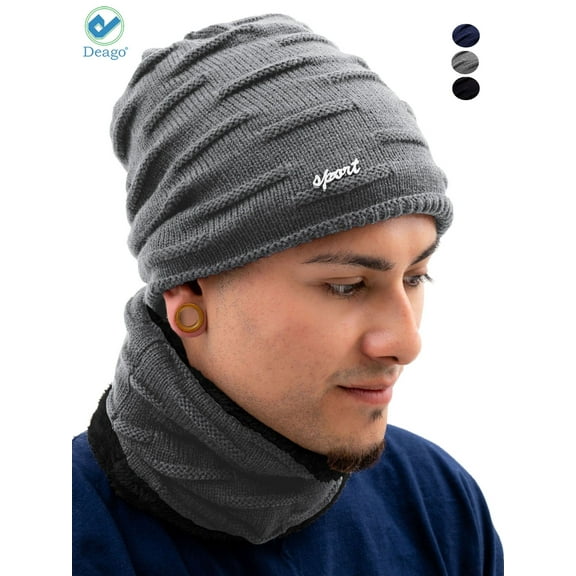 Deago Winter Beanie Hats Scarf Set Warm Knit Hats Skull Cap Neck Warmer with Thick Fleece Lined Winter Hat & Scarf for Men Women (Gray)