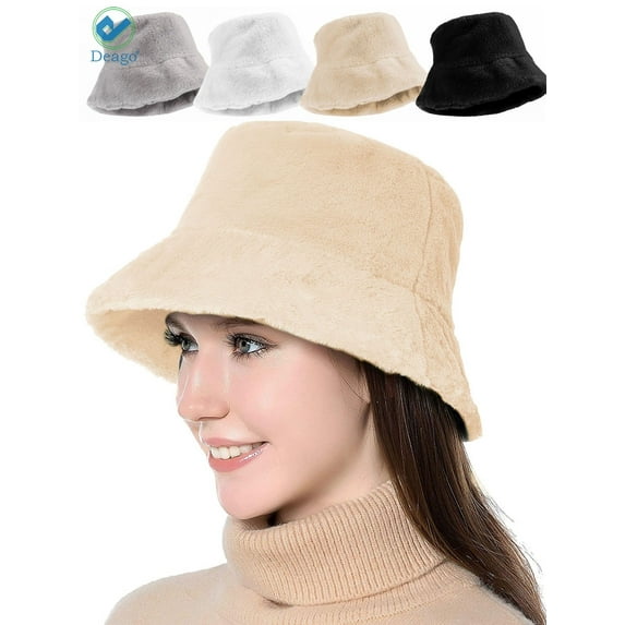Deago Winter Bucket Hat for Women Warm Hats Vintage Faux Fur Wool Outdoor Fisherman Cap (Beige)