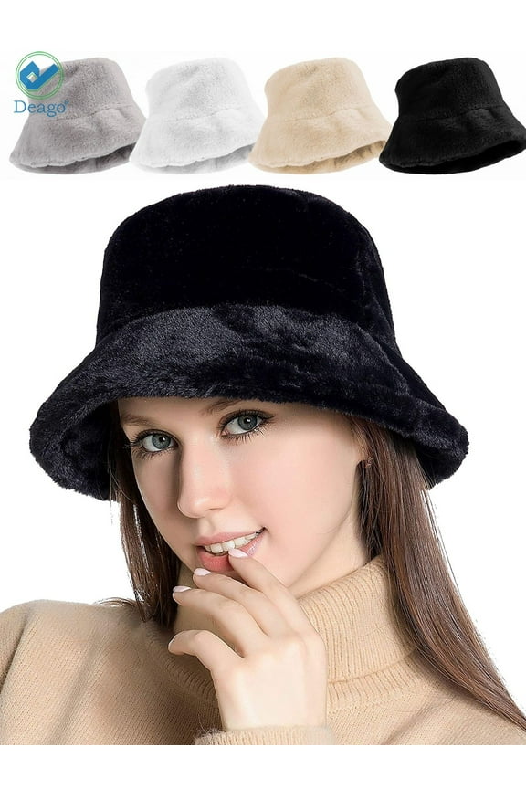 Winter Bucket Hat for Women Warm Hats Vintage Faux Fur Wool Outdoor Fisherman Cap (Black)