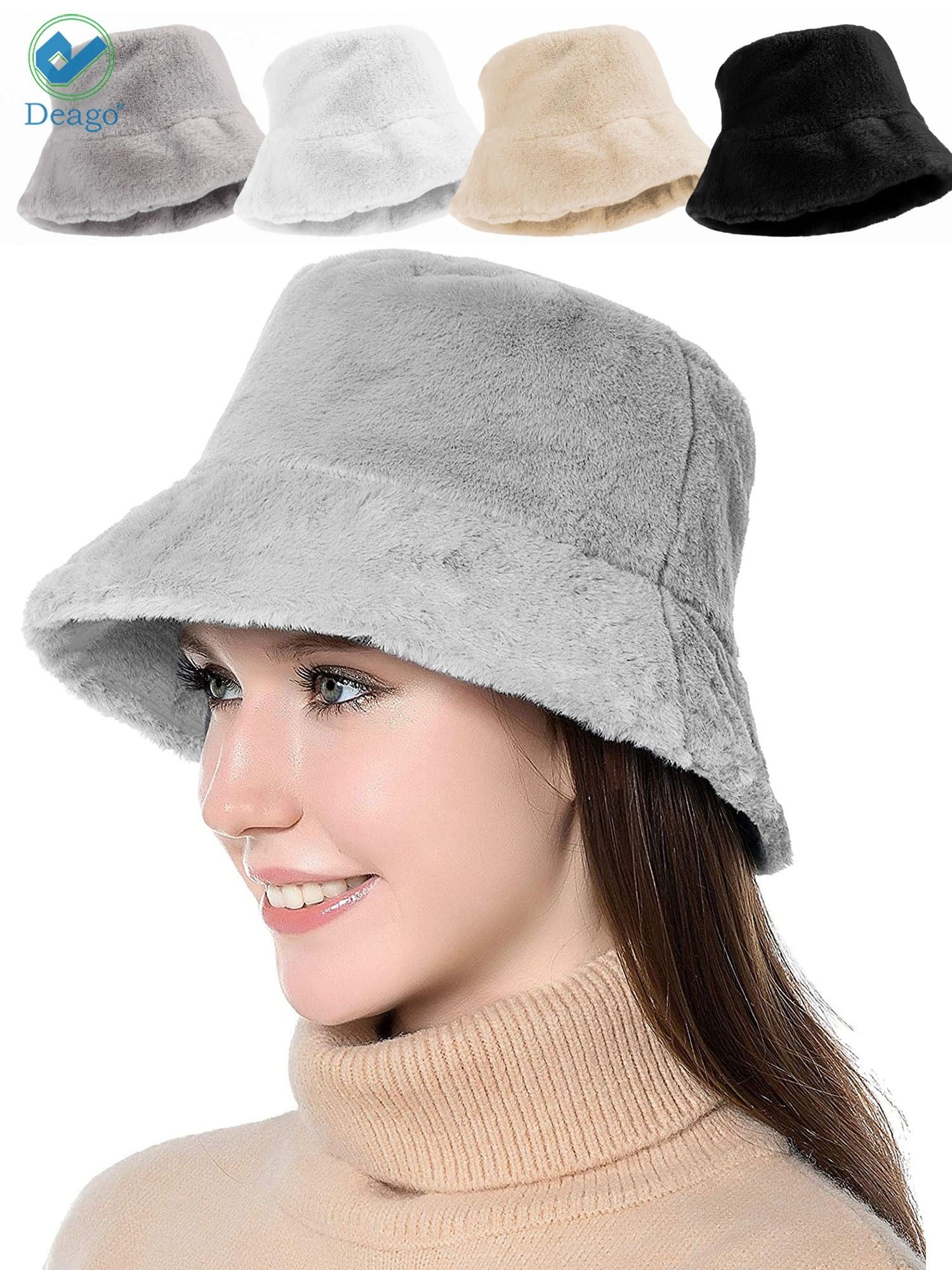 Deago Winter Bucket Hat for Women Warm Hats Vintage Faux Fur Wool