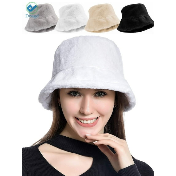 Deago Winter Bucket Hat for Women Warm Hats Vintage Faux Fur Wool Outdoor Fisherman Cap (White)