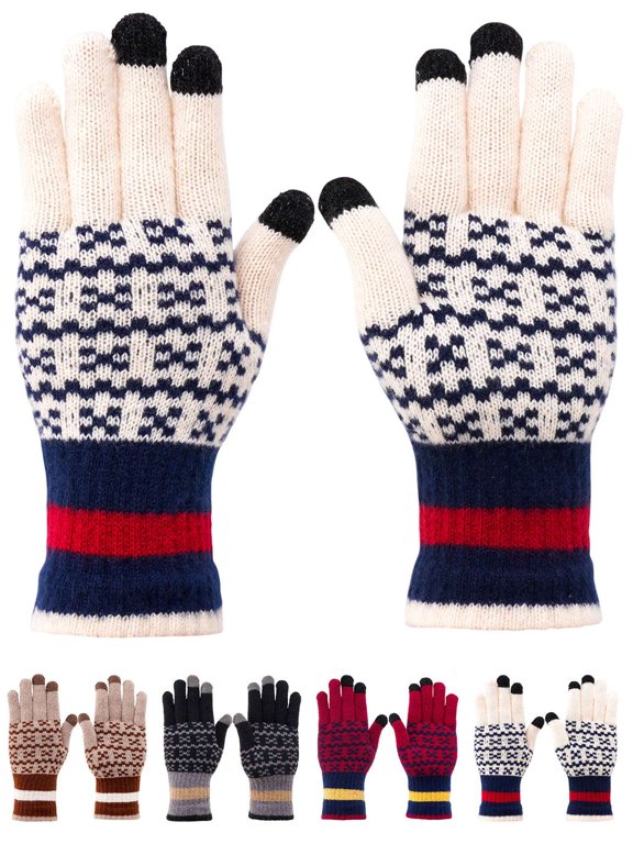 Winter Touchscreen Gloves for Men Women Warm Fleece Lined Knit Elastic Cuff Texting Gloves for Cold Weather (White)