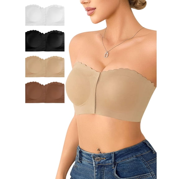 Deago Wireless Strapless Bras for Women Front Closure Non-Slip Padded Bandeau Bralette Comfort Wavy Edge Tube Top Bra (Coffee, S)