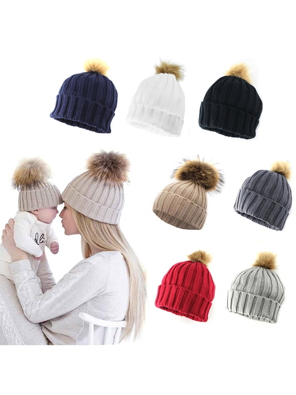 Women Adult Child Winter Warmer Knit Wool Beanie Hat Ski Pom Pom Cap