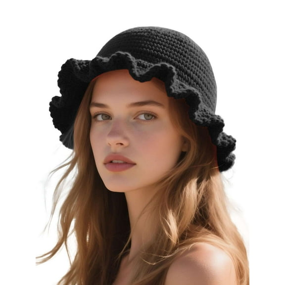 Deago Women Crochet Bucket Hat Cute Winter Ruffled Brim Floppy Cap Handmade Knit Cloche Hats (Black)