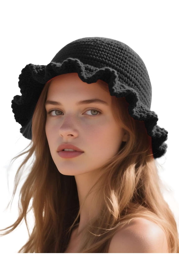 Women Crochet Bucket Hat Cute Winter Ruffled Brim Floppy Cap Handmade Knit Cloche Hats (Black)