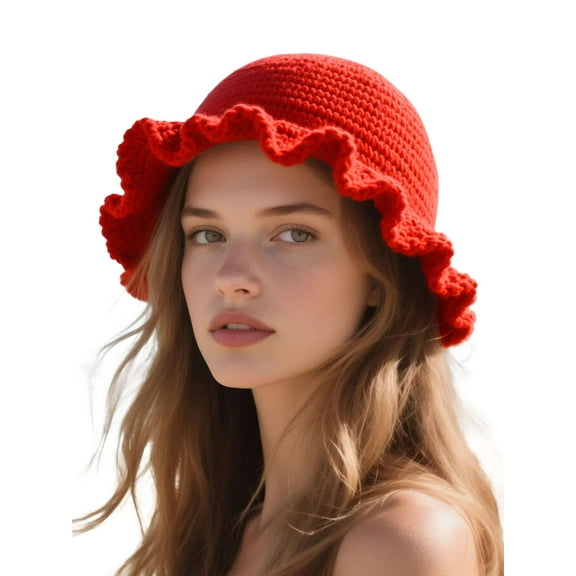 Deago Women Crochet Bucket Hat Cute Winter Ruffled Brim Floppy Cap Handmade Knit Cloche Hats (Red)