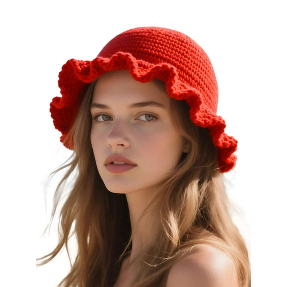Deago Women Crochet Bucket Hat Cute Winter Ruffled Brim Floppy Cap Handmade Knit Cloche Hats (Red)