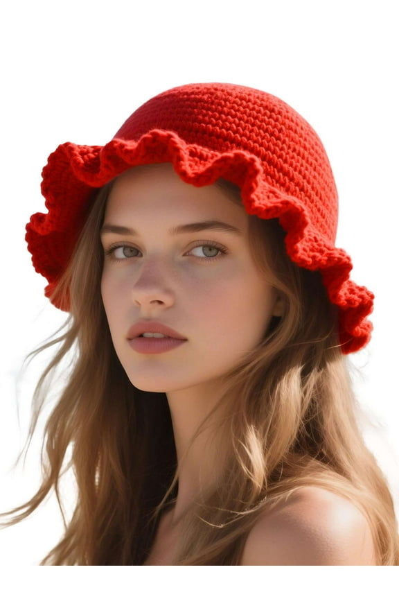 Women Crochet Bucket Hat Cute Winter Ruffled Brim Floppy Cap Handmade Knit Cloche Hats (Red)