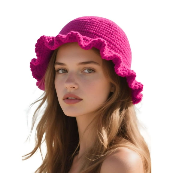 Deago Women Crochet Bucket Hat Cute Winter Ruffled Brim Floppy Cap Handmade Knit Cloche Hats (Rose Red)