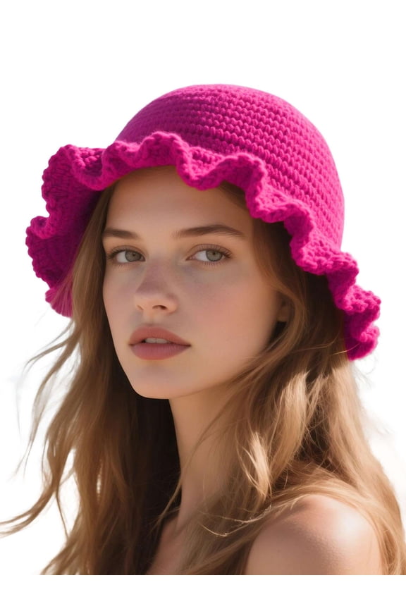 Women Crochet Bucket Hat Cute Winter Ruffled Brim Floppy Cap Handmade Knit Cloche Hats (Rose Red)